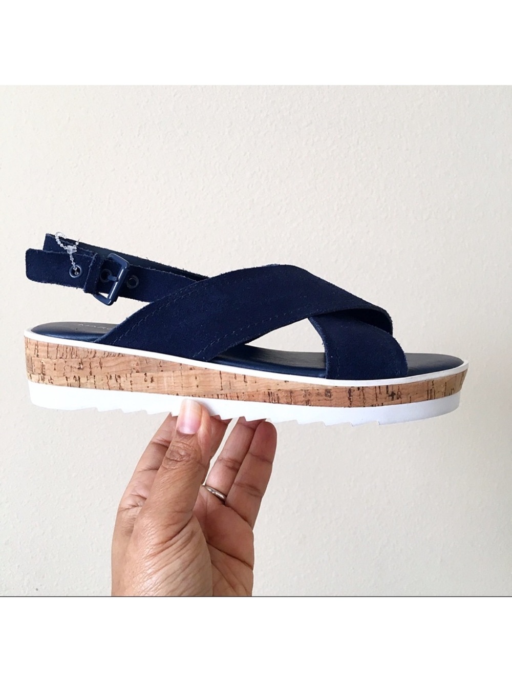 Marc Fisher Glitze Wedge Sport Lug Sole Navy Cross‑Strap Cork Platform Sandals